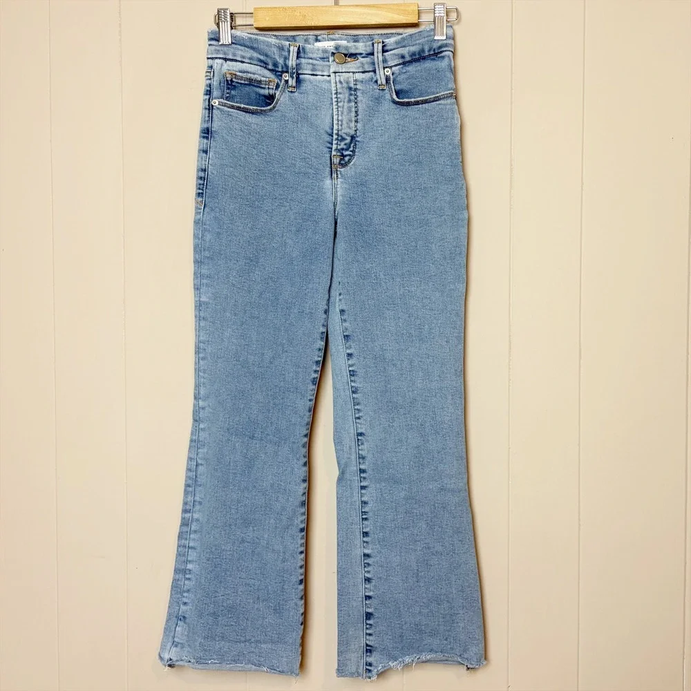 Good American Good Legs Crop Mini Boot Jeans 2 26 Light Wash Raw Hem Kick Flare